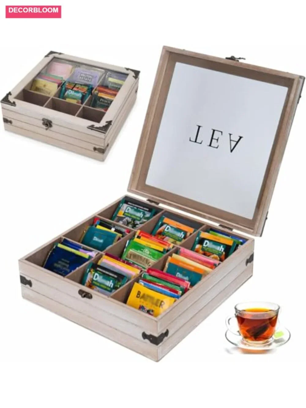9 Compartment Wood Tea Box Organizer - Transparent Lid, Coffee Pod Storage,